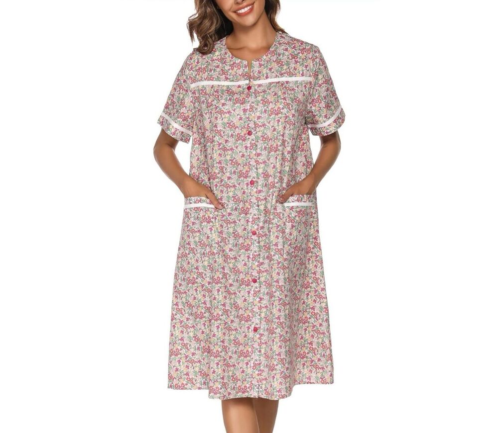 Yozly Women's Floral Button-Front Robe XL Short Sleeve Pink White Green Pockets